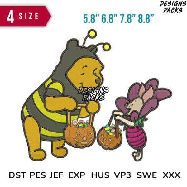 Winnie the Pooh and Piglet in bee costumes with pumpkin baskets, embroidery design sizes 5.8-8.8 inches