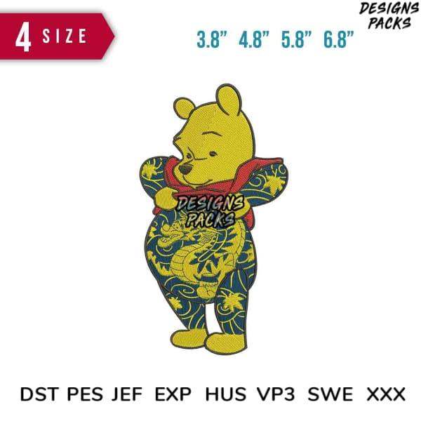Winnie the Pooh embroidery design with dragon pattern, available in 4 sizes & multiple file formats