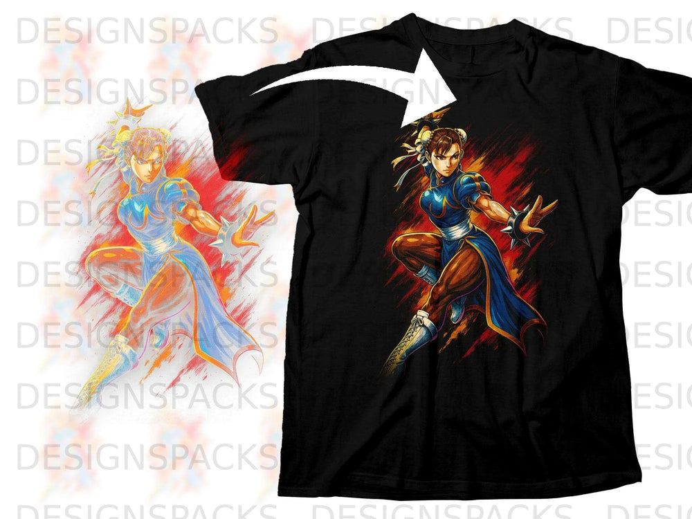 Black t-shirt with a stylized graphic of Chun-Li from Street Fighter in a dynamic pose.