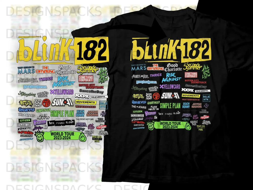 Blink-182 World Tour 2023-2024 graphic tee with band names.