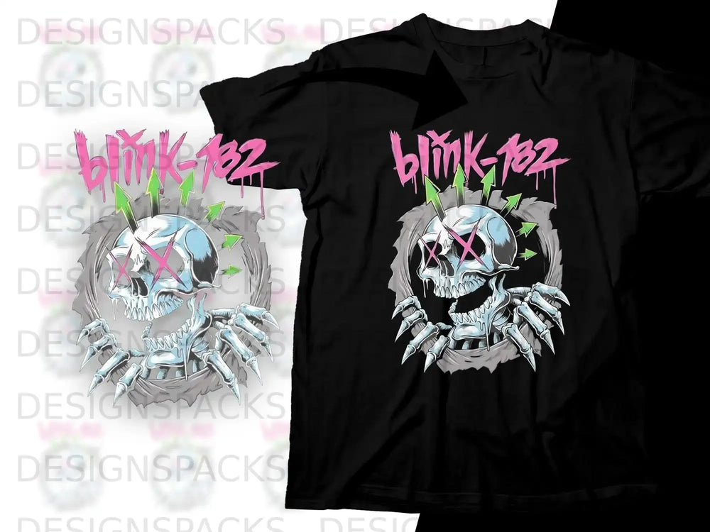 Blink-182 logo on black t-shirt with skull and claw graphics.