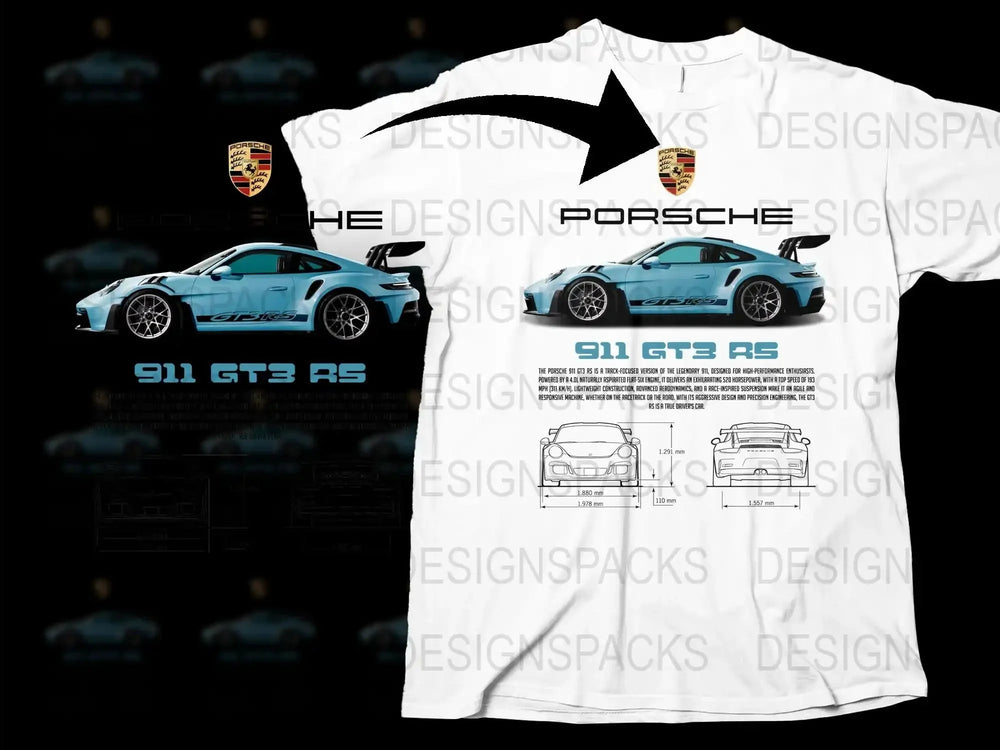 Porsche 911 GT3 RS T-Shirt, Car Enthusiast Gift, Automotive Tee, Racing Apparel, Sports Car Design, White Cotton Shirt