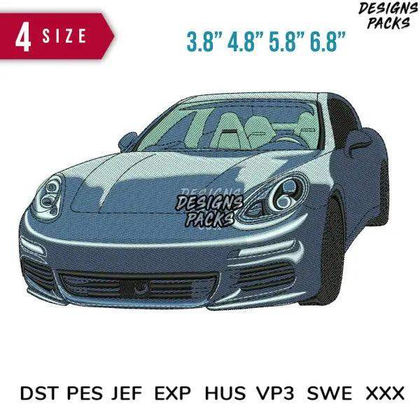 Embroidery design of sleek blue sports car in 4 sizes, compatible with DST PES JEF formats for instant download