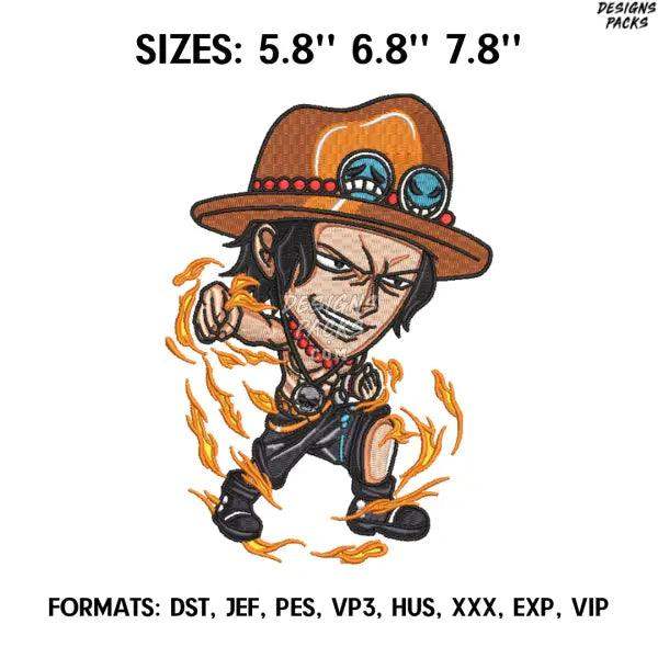 Portgas D. Ace Chibi Embroidery Design File, One Piece Anime Embroidery Design, Machine Embroidery Pes. Anime pes Design