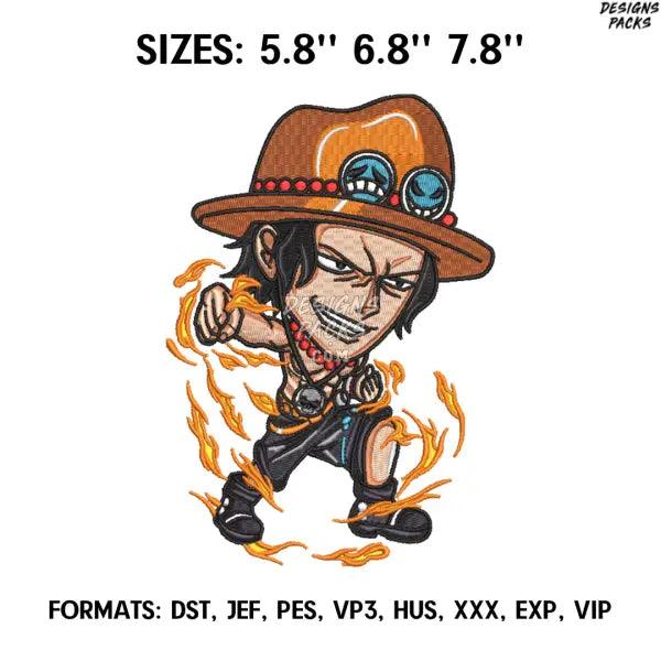 Portgas D. Ace Chibi Embroidery Design File, One Piece Anime Embroidery Design, Machine Embroidery Pes. Anime pes Design