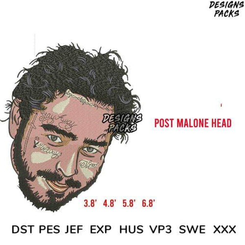 Post Malone head embroidery design in DST PES formats, print-ready for DTG and DTF