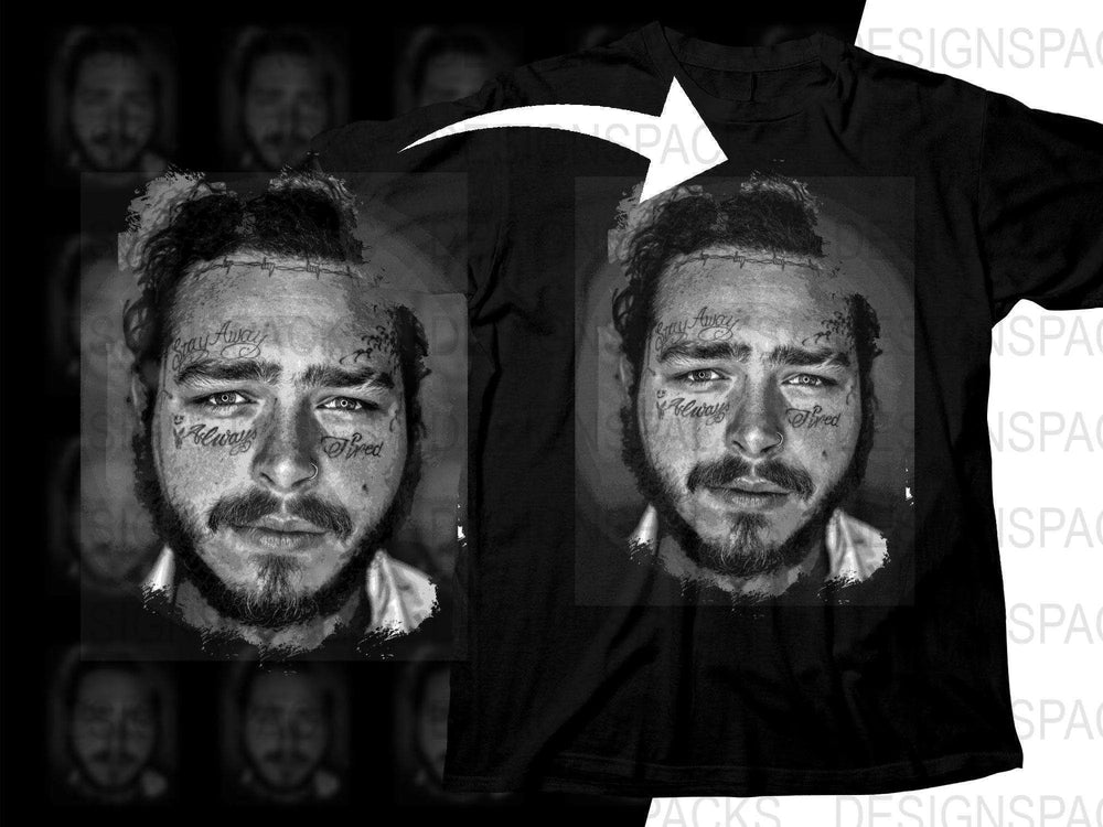 Post Malone Monochrome Portrait with Detailed Face Art Png Digital Download