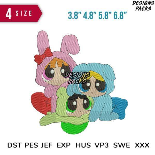 Powerpuff Girls embroidery designs in 4 sizes, compatible with DST PES JEF formats for instant download.