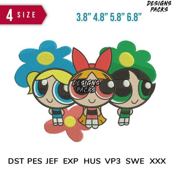 Powerpuff Girls embroidery design in 4 sizes, print-ready formats for DTG, DTF, and tumbler wraps