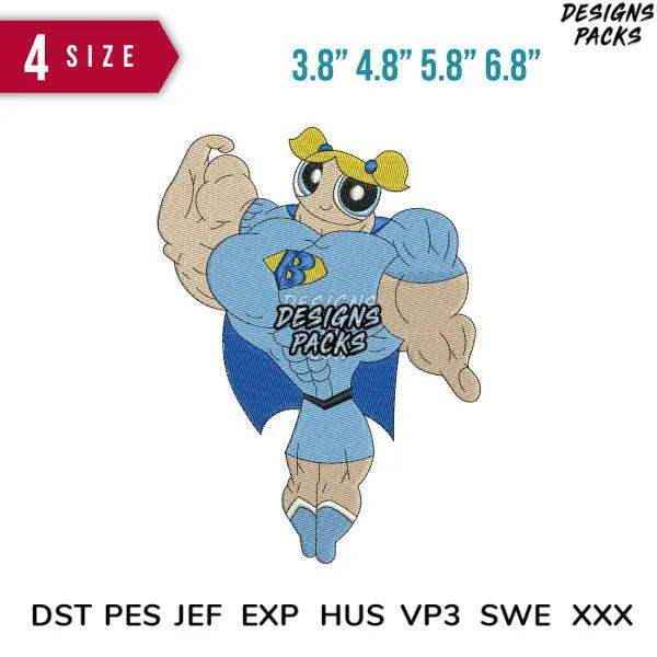 Power puff muscle Blue Embroidery Design 3.8" 4.8" 5.8" 6.8"