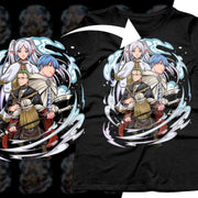 Fantasy anime characters on black t-shirt, print-ready DTF/DTG design with swirling magic effects