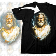 Black t-shirt with graphic of Zeus surrounded by lightning.