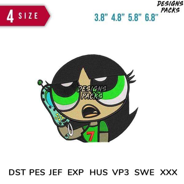 Embroidery design of cartoon character with green eyes, phone, and size options for DST PES JEF formats