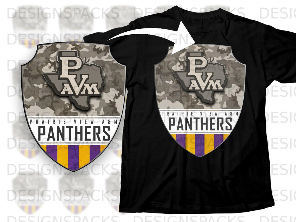 Black t-shirt with a shield logo featuring "Prairie View A&M Panthers" and camouflage.