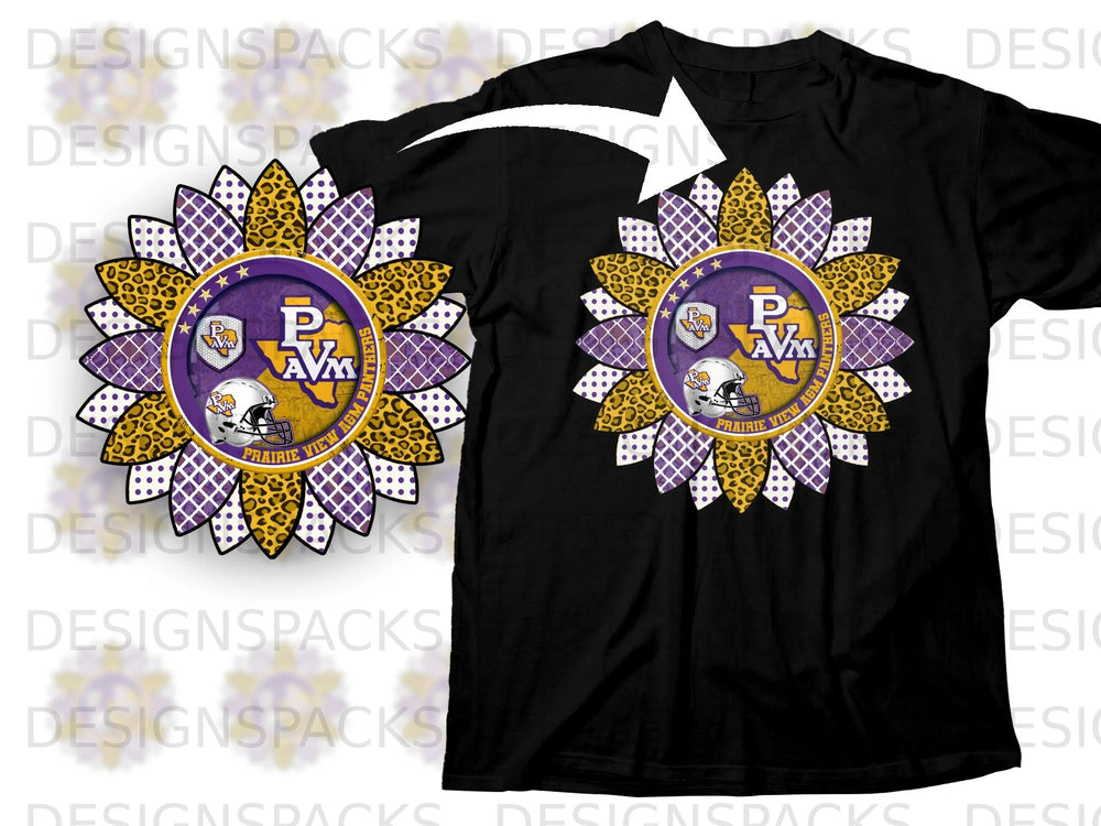 Black t-shirt featuring a sunflower design with Prairie View A&M Panthers logo and football helmet.