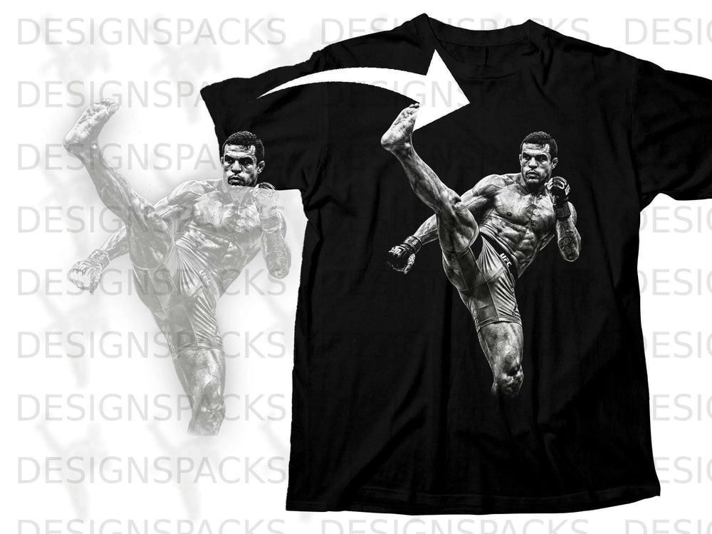 Black t-shirt with a black and white graphic of a mixed martial artist performing a kick.