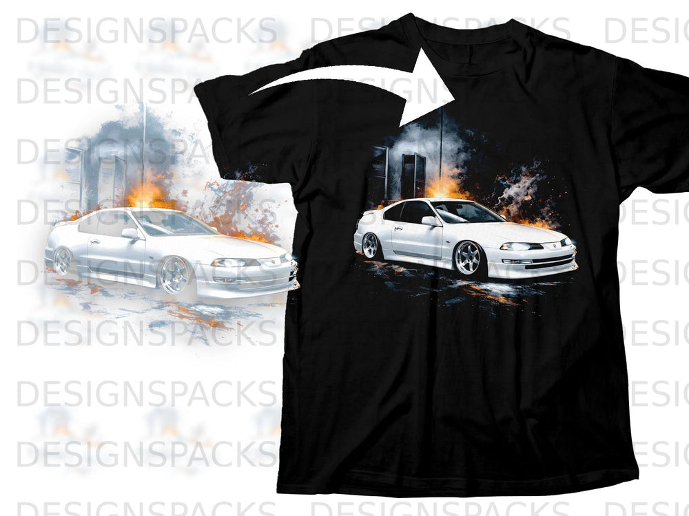 Black t-shirt with white sports car graphic against smoky, fiery background.
