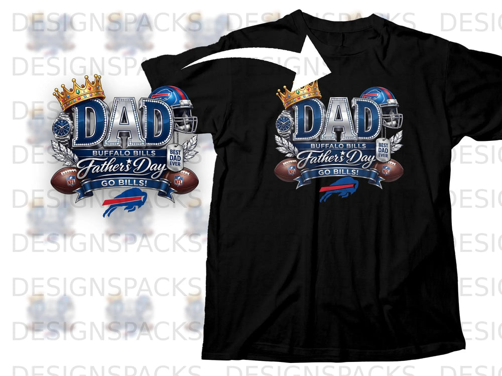 Black t-shirt featuring Buffalo Bills Dad Father's Day graphic with footballs and crown.