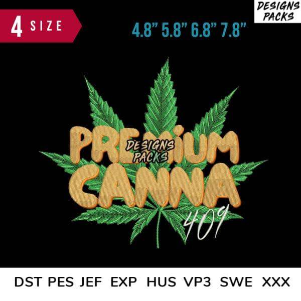 Premium Canna 409 embroidery design with cannabis leaf, available in multiple sizes and formats