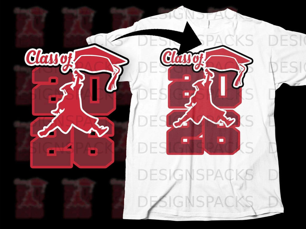 Red graduation cap over "Class of 2026" graphic on white t-shirt.