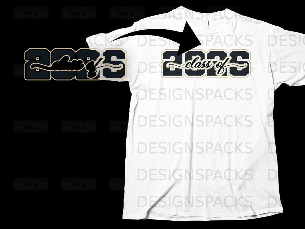 White t-shirt with "Class of 2025" graphic in dark blue and gold.