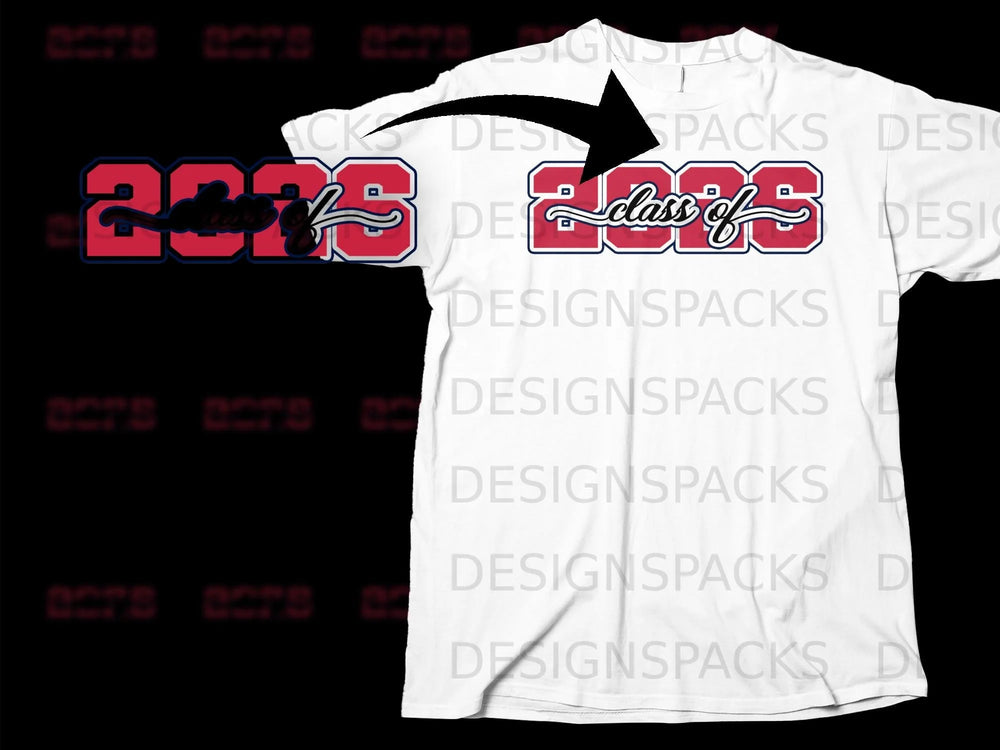 White t-shirt with "class of 2025" in red outline and blue fill.