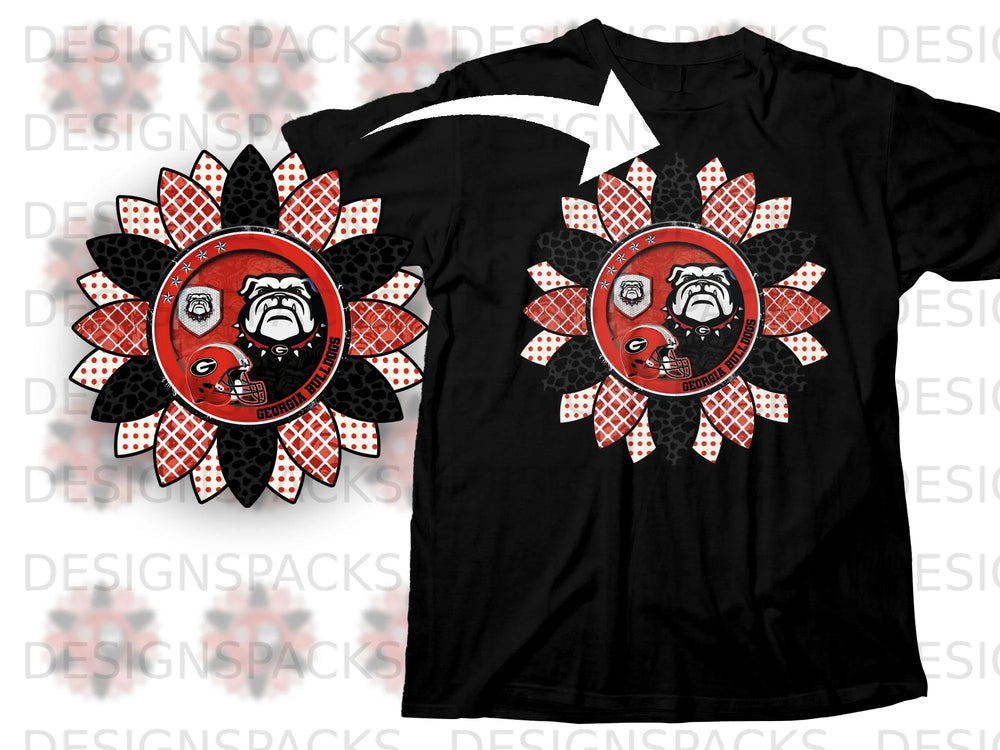 Black t-shirt with a circular Georgia Bulldogs sunflower design featuring a bulldog and helmet.