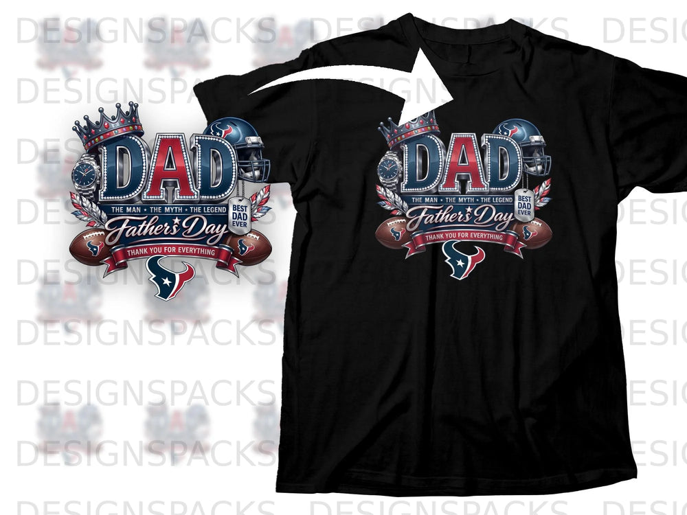 Black t-shirt with "Dad: The Man, The Myth, The Legend" graphic.