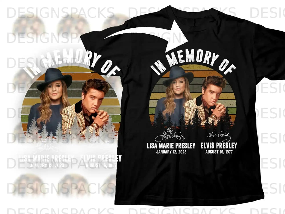 T-shirt with Lisa Marie Presley and Elvis Presley, "In Memory Of" text.