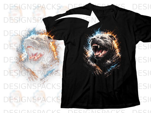 Black t-shirt featuring a roaring pitbull with fiery and electric effects.