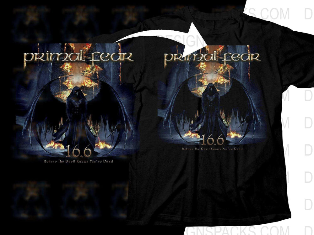Primal Fear 16.6 band t-shirt design with dark angel, flames, and gothic text for DTF/DTG printing