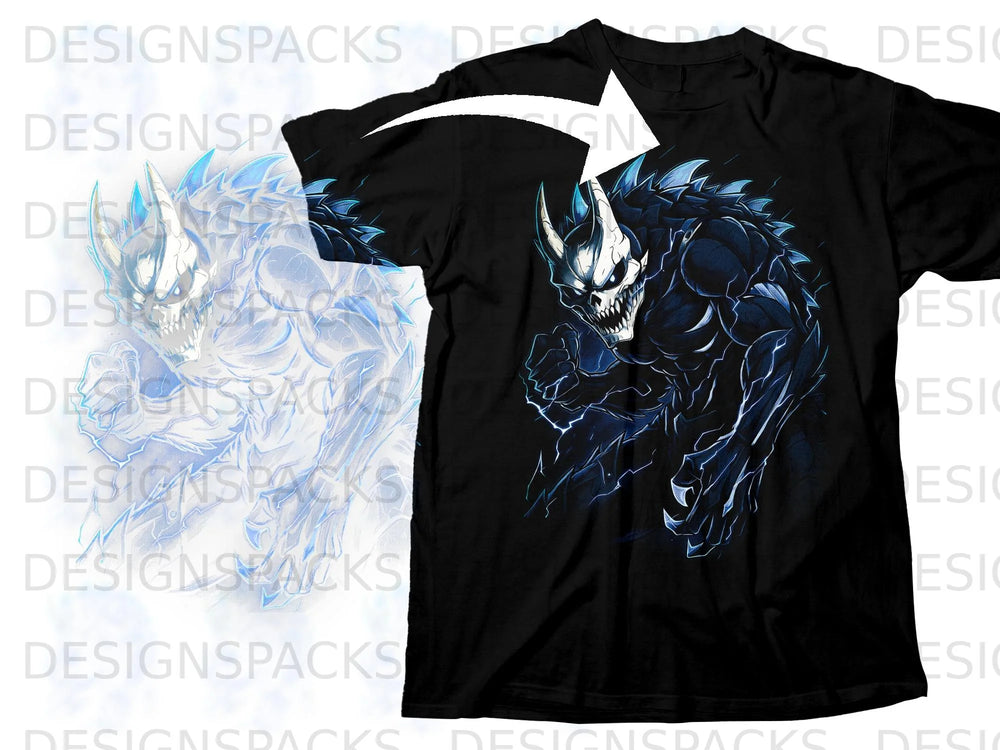 Black t-shirt featuring a blue and white skeletal monster design.