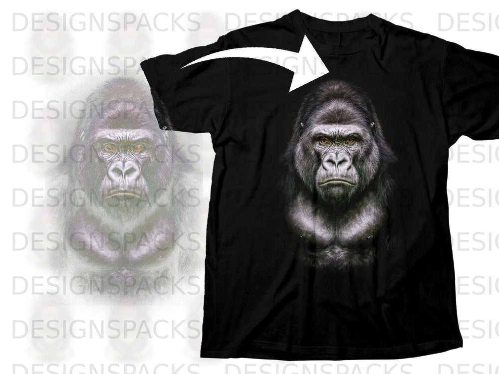 Black t-shirt with a realistic, detailed graphic of a gorilla's face and chest.