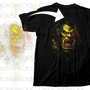 Black t-shirt featuring a detailed graphic of a fierce orc with red eyes and a nose ring.