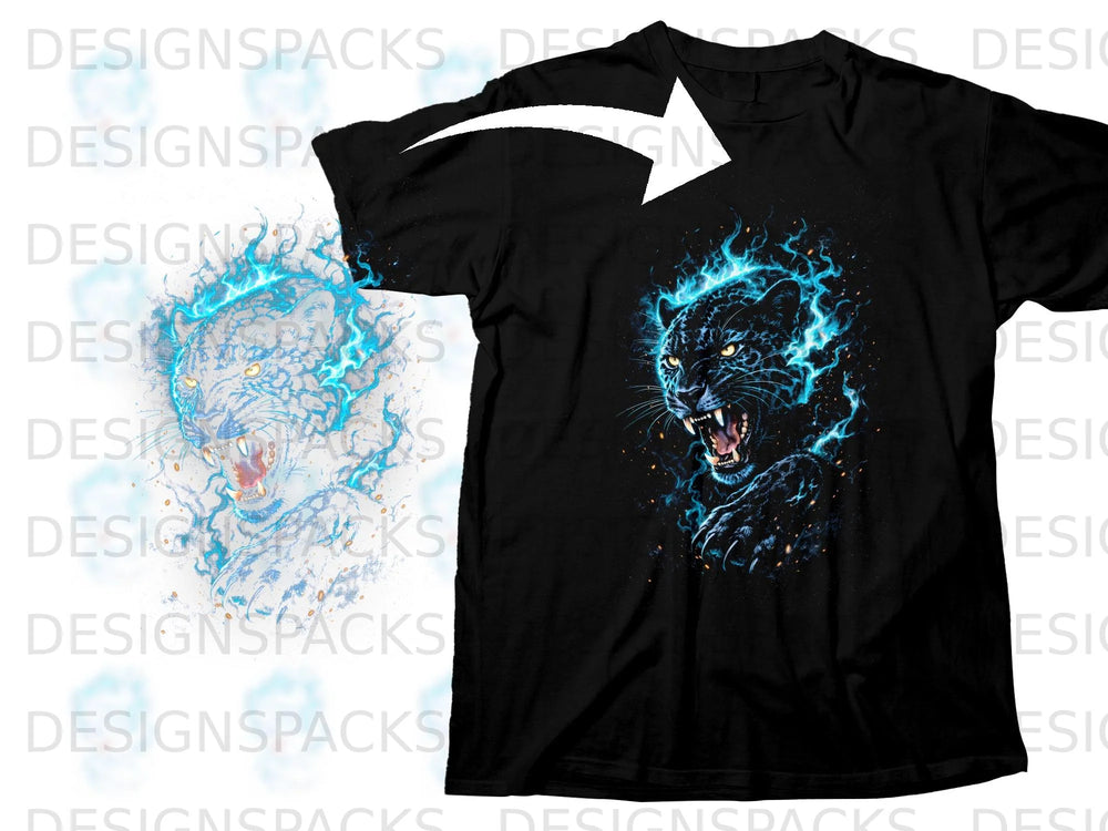 Black t-shirt with a roaring black panther graphic outlined in blue fire.