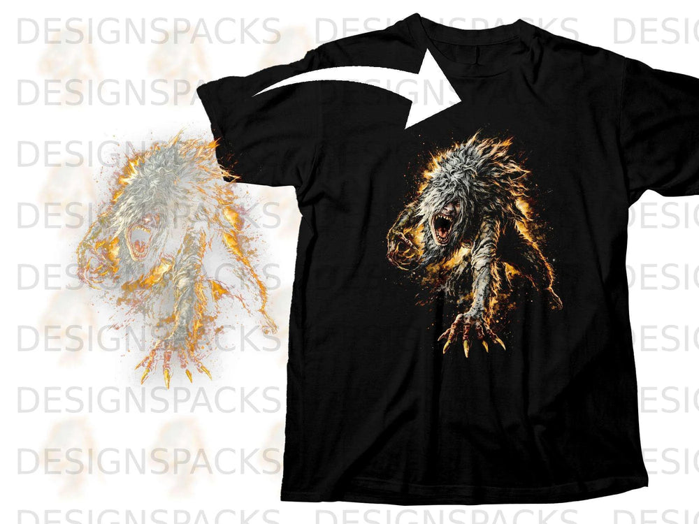 Black t-shirt featuring a roaring, fiery werewolf graphic with sharp claws.