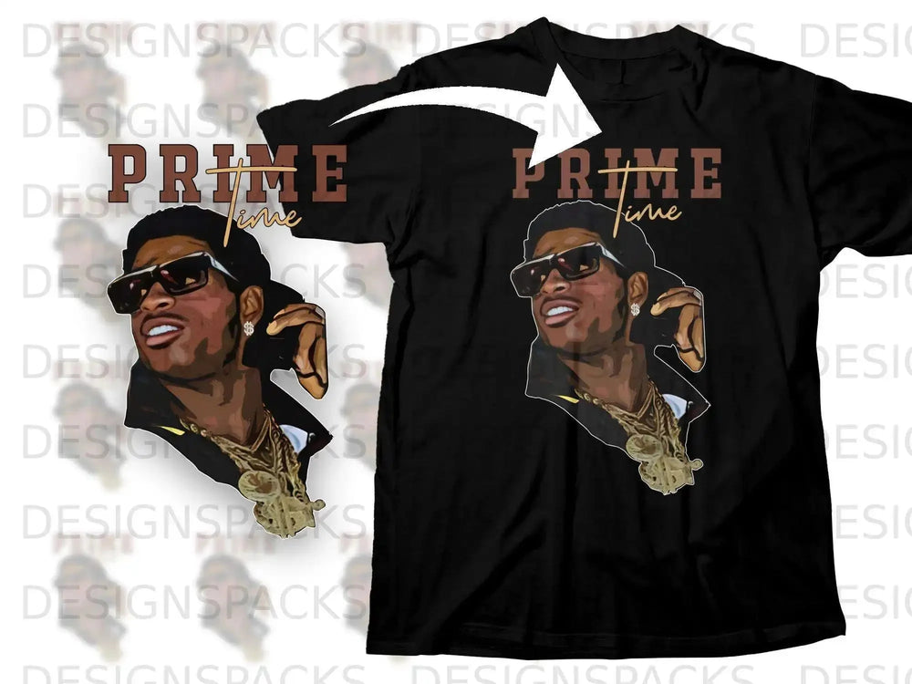 Black t-shirt with PRIME TIME graphic featuring a man with sunglasses and gold chains.