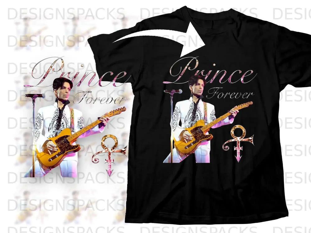 Black t-shirt with Prince playing guitar, purple paisley pattern, and his symbol.