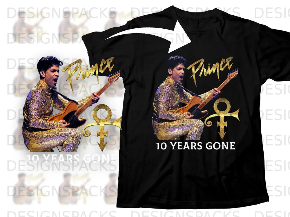 Black t-shirt with Prince playing guitar and "10 YEARS GONE" text.