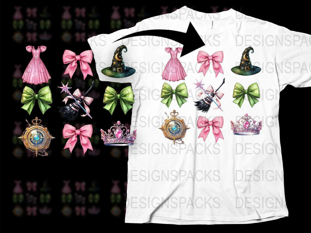 Enchanted Fairy Tale T-Shirt, Pink Bows, Magical Wands, Crowns, Whimsical Fantasy Tee for Kids and Adults.
