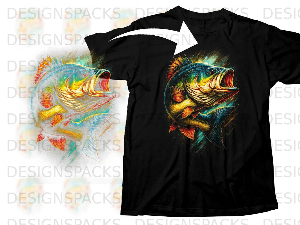 Black t-shirt featuring a vibrant, colorful graphic of a bass fish with an open mouth.