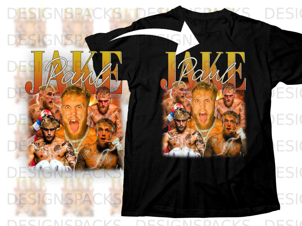 Black t-shirt with Jake Paul collage graphic and "KARMA" text.