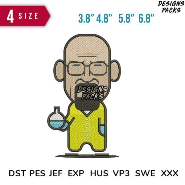 Embroidery design of cartoon scientist in yellow lab coat holding beaker, 4 sizes, DST PES formats