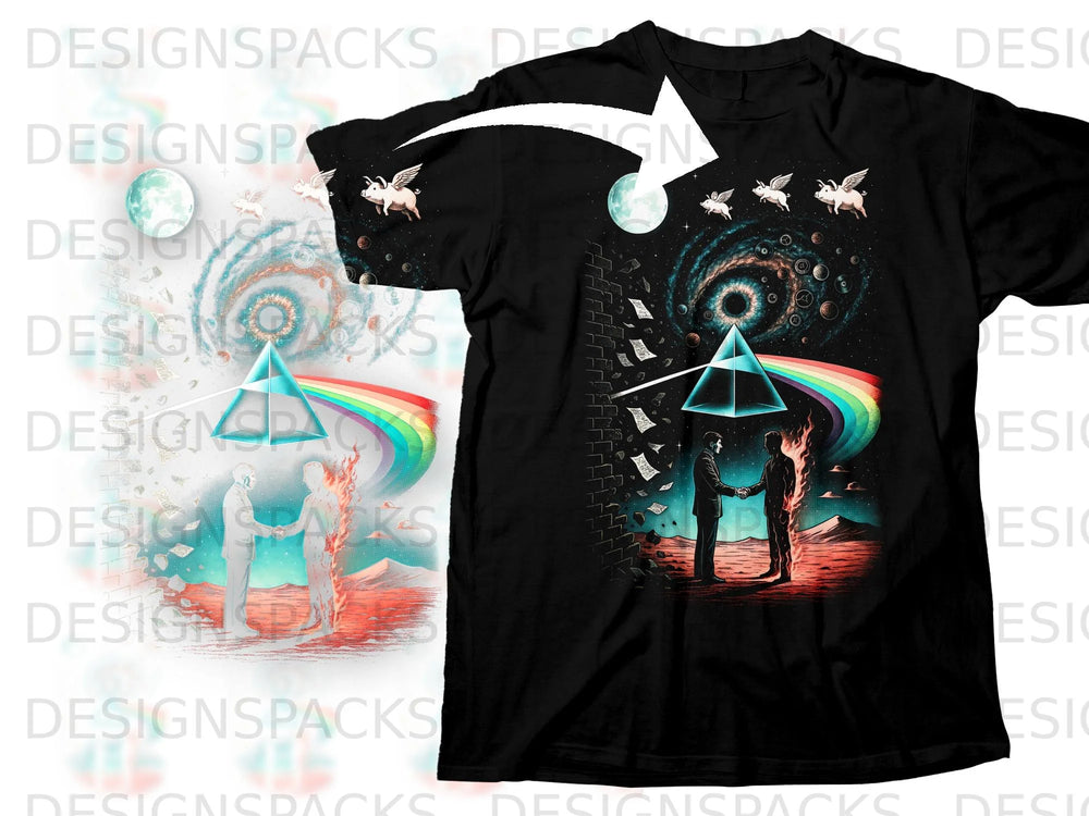 Black t-shirt with cosmic design featuring a prism, rainbow, flying pigs, and men shaking hands.