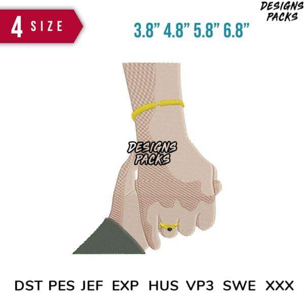 Embroidery design of hand with yellow bracelet and ring, available in 4 sizes and multiple file formats