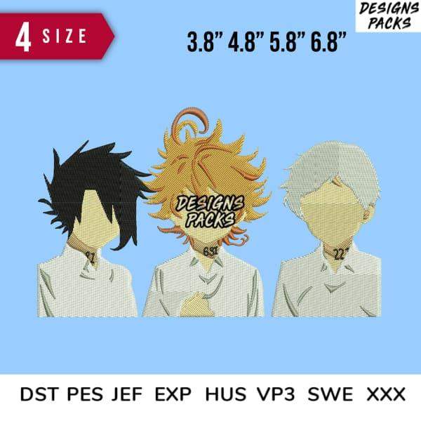 Embroidery designs of three anime characters in 4 sizes, compatible with DST PES JEF formats for instant download