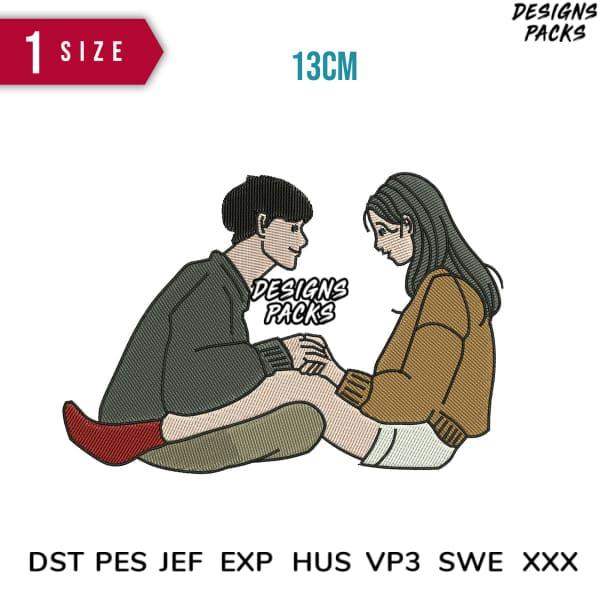 Embroidery design of couple sitting, 13cm size, compatible with DST PES JEF formats
