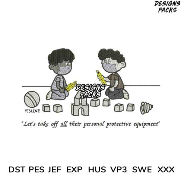 Embroidery design of two kids playing with blocks and toys, print-ready PES DST formats