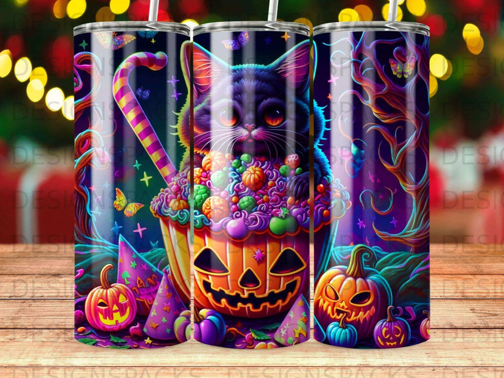 Psychedelic Cat Halloween Tumbler Digital Wrap Design