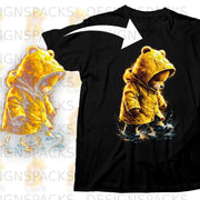 Black t-shirt with a graphic of a teddy bear in a yellow raincoat splashing in puddles.